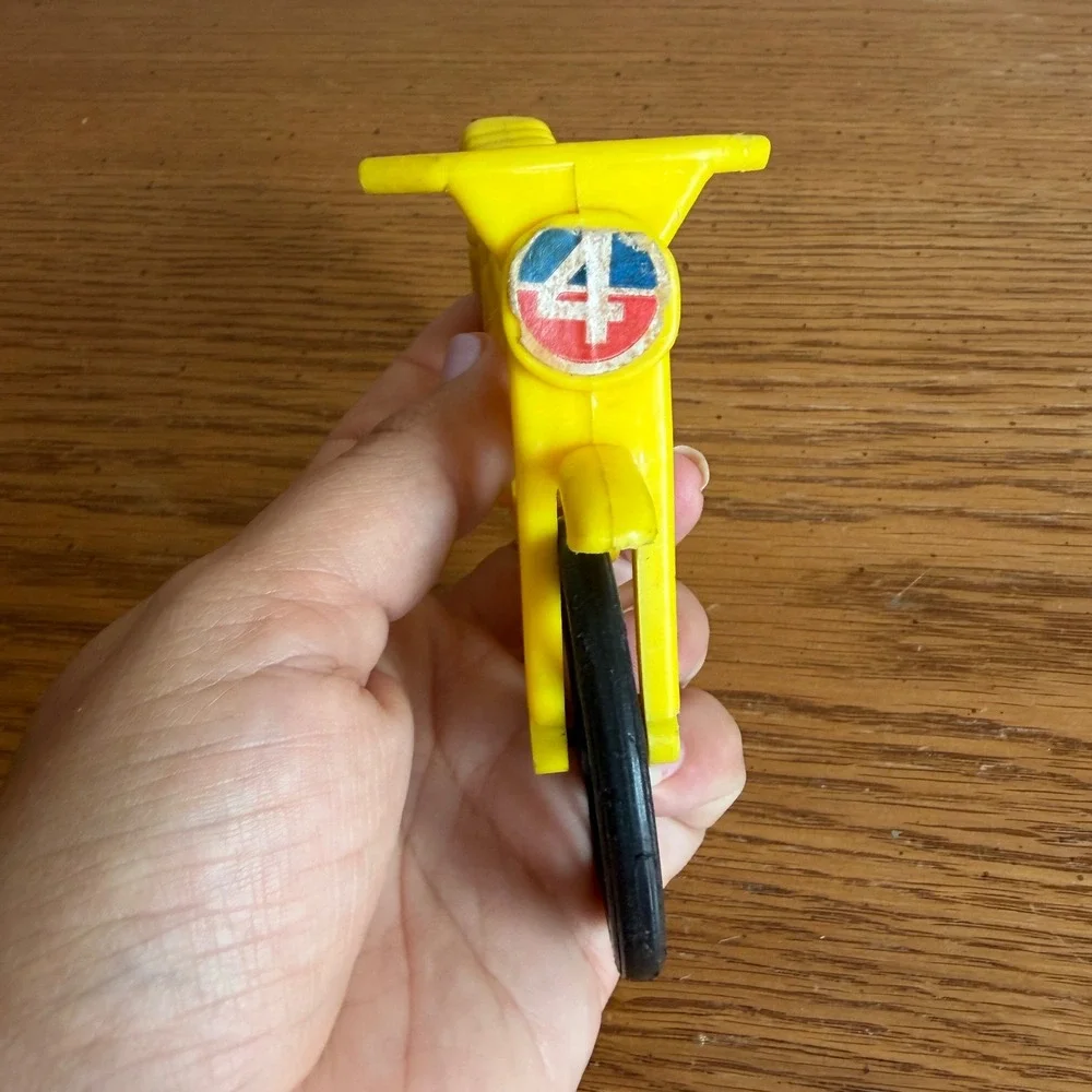 Vintage 1970s Yellow Plastic Toy Motorcycle Dirt Bike Number 4 Racing Retro